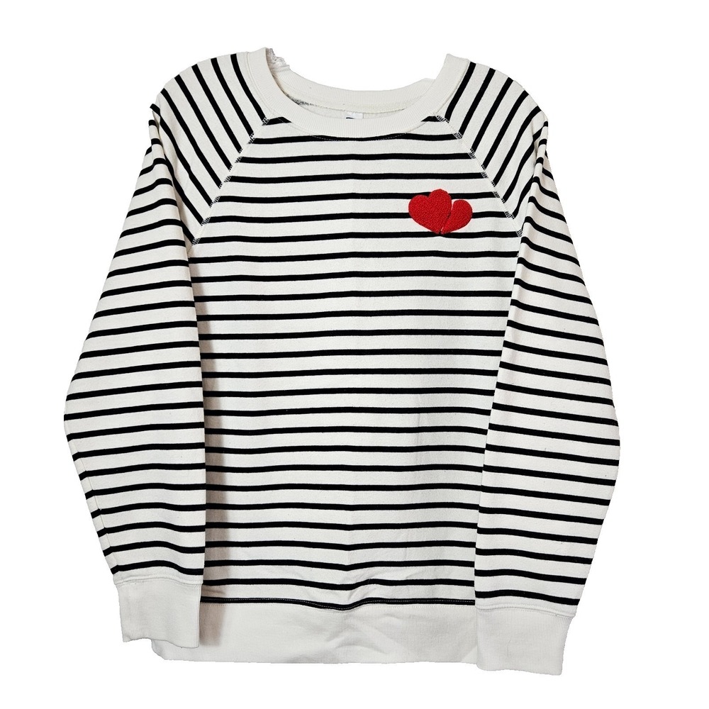 Old Navy Women White Black Striped Heart Patch Sweatshirt Small Coquette Preppy